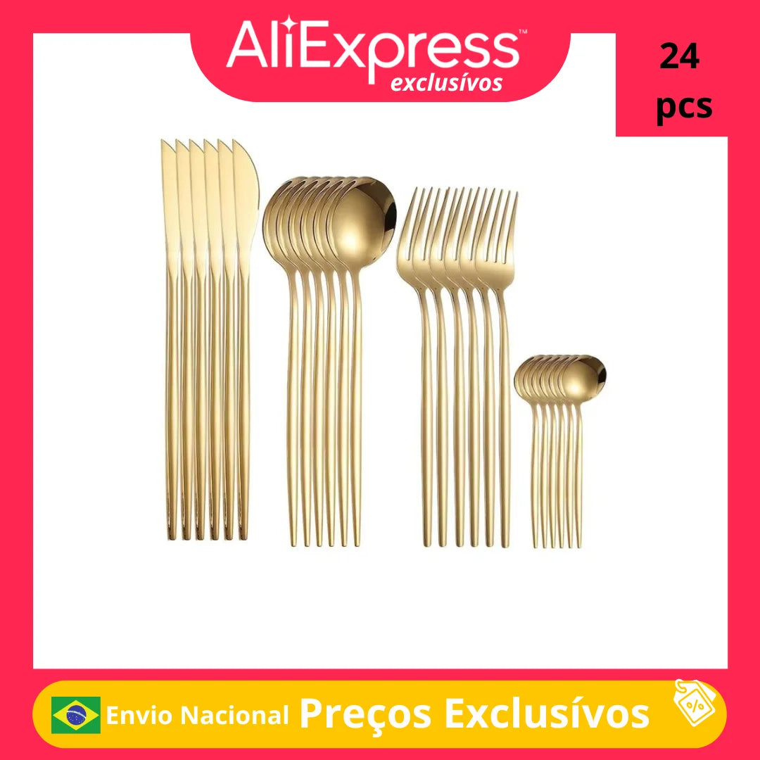 Kit 24 Talheres de Aço Inoxidável Dourado Faca Garfo Colher Conjunto Talheres Cozinha Louça Talheres Clássicos Modernos Cozinha