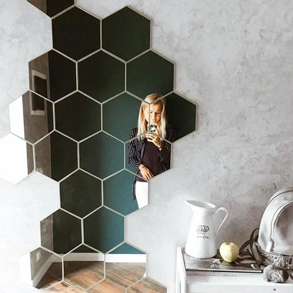 6/12 pçs 3d hexágono espelho adesivo de parede rosa ouro diy tv fundo sala estar adesivos decoração da parede quarto banheiro decoração casa