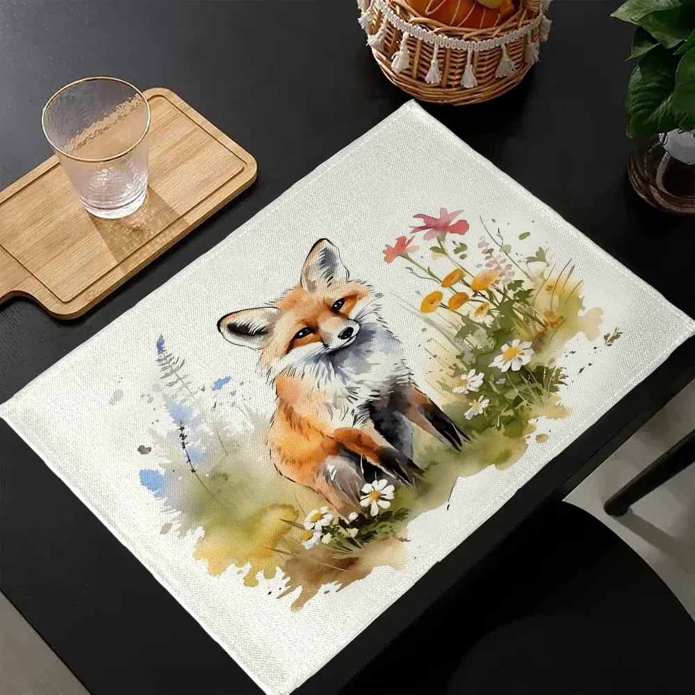 4pc uma raposa na grama placemat mesa de jantar decoração talheres de linho coaster tapete de cozinha para crianças festa de aniversário 6.17