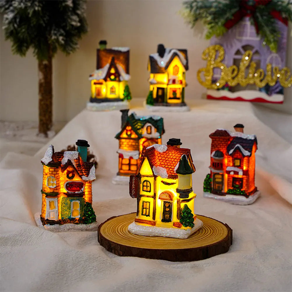 Natal led luz casa decorações de natal micro paisagem resina pequena casa ornamentos natal brilho decoração 2024 presentes de ano novo