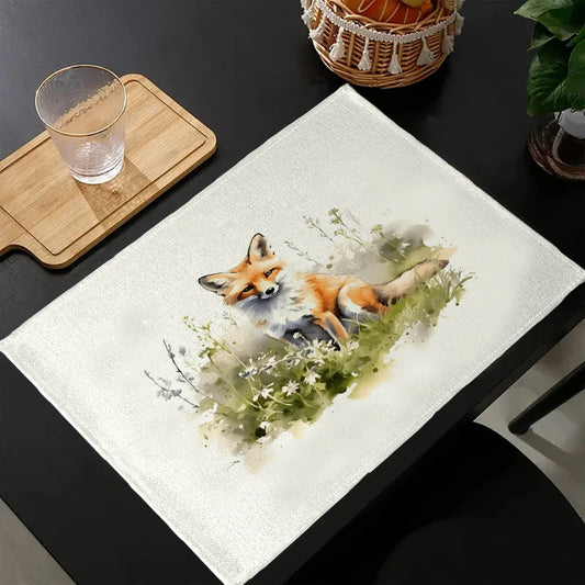 4pc uma raposa na grama placemat mesa de jantar decoração talheres de linho coaster tapete de cozinha para crianças festa de aniversário 6.17